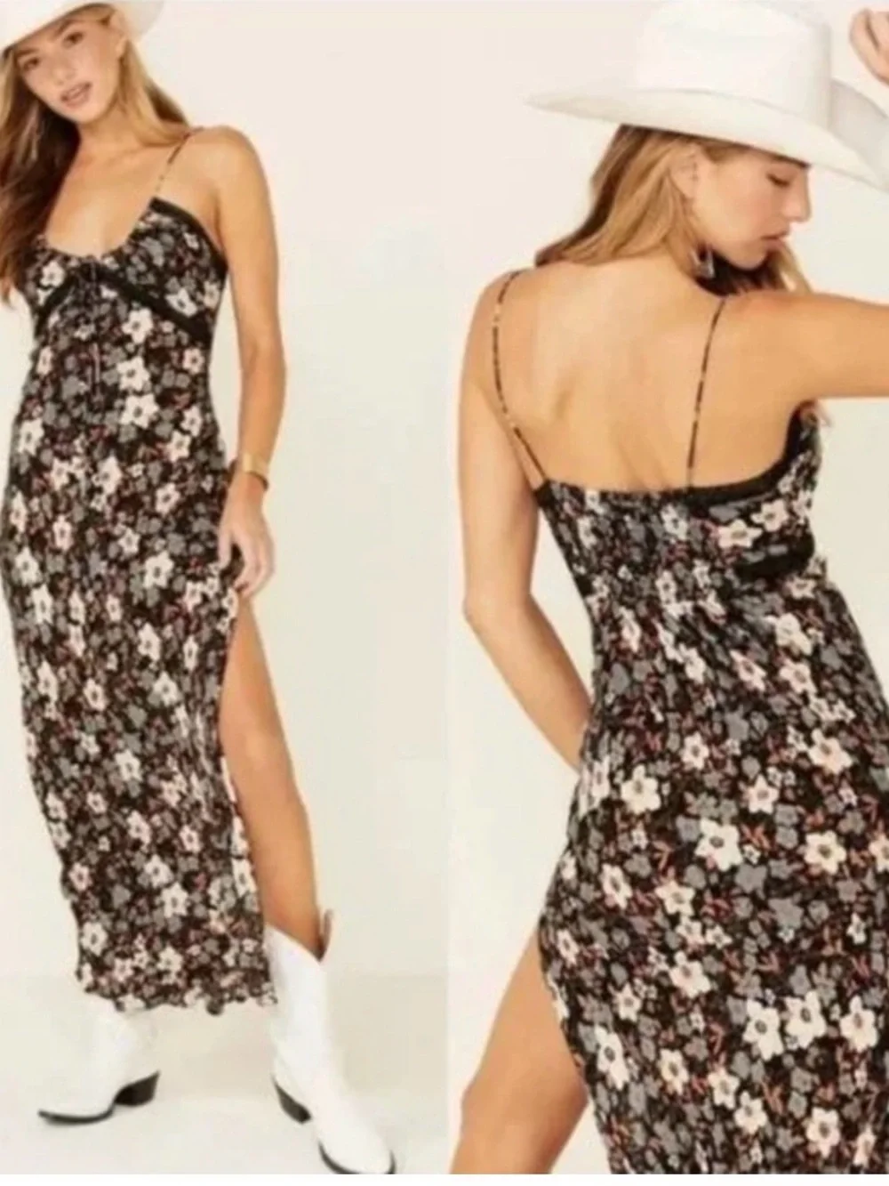 Free People All I Wanted Slip Maxi Dress Ditsy Floral Print XS Natural Boho